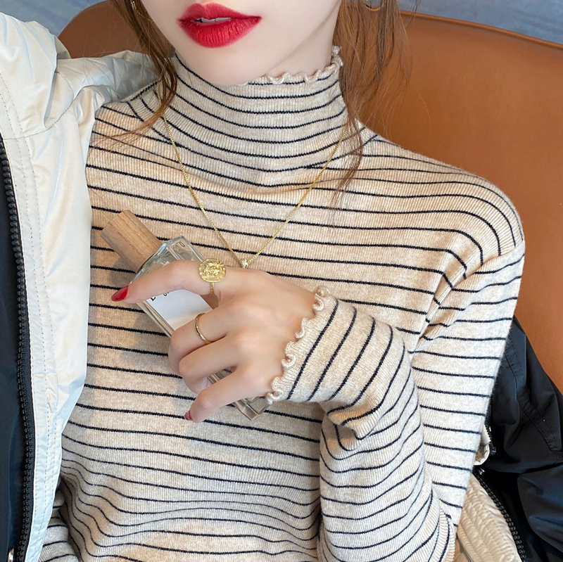 Striped Knit Sweater for Women, Stylish 2026 Spring and Autumn New Popular Style, Ruffled Edge Sweater, Half-High Collar, Inner Layering Top Striped Knit Sweater for Women, Stylish 2026 Spring and Autumn New Popular Style, Ruffled Edge Sweater, Half-High Collar, Inner Layering Top
