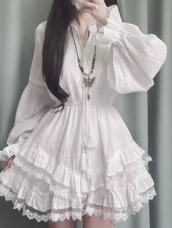 White Fairy-Like Waist-Cinching Slimming Long-Sleeve Dress for Women, Autumn Puffy Tiered Dress, Elegant and Sweet Little White Dress, Trendy