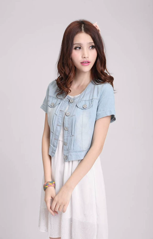 2018 mới mỏng mùa xuân thời trang denim hoang dã của phụ nữ nhỏ khăn choàng ngắn áo khoác ngắn tay mỏng mỏng vest bên ngoài