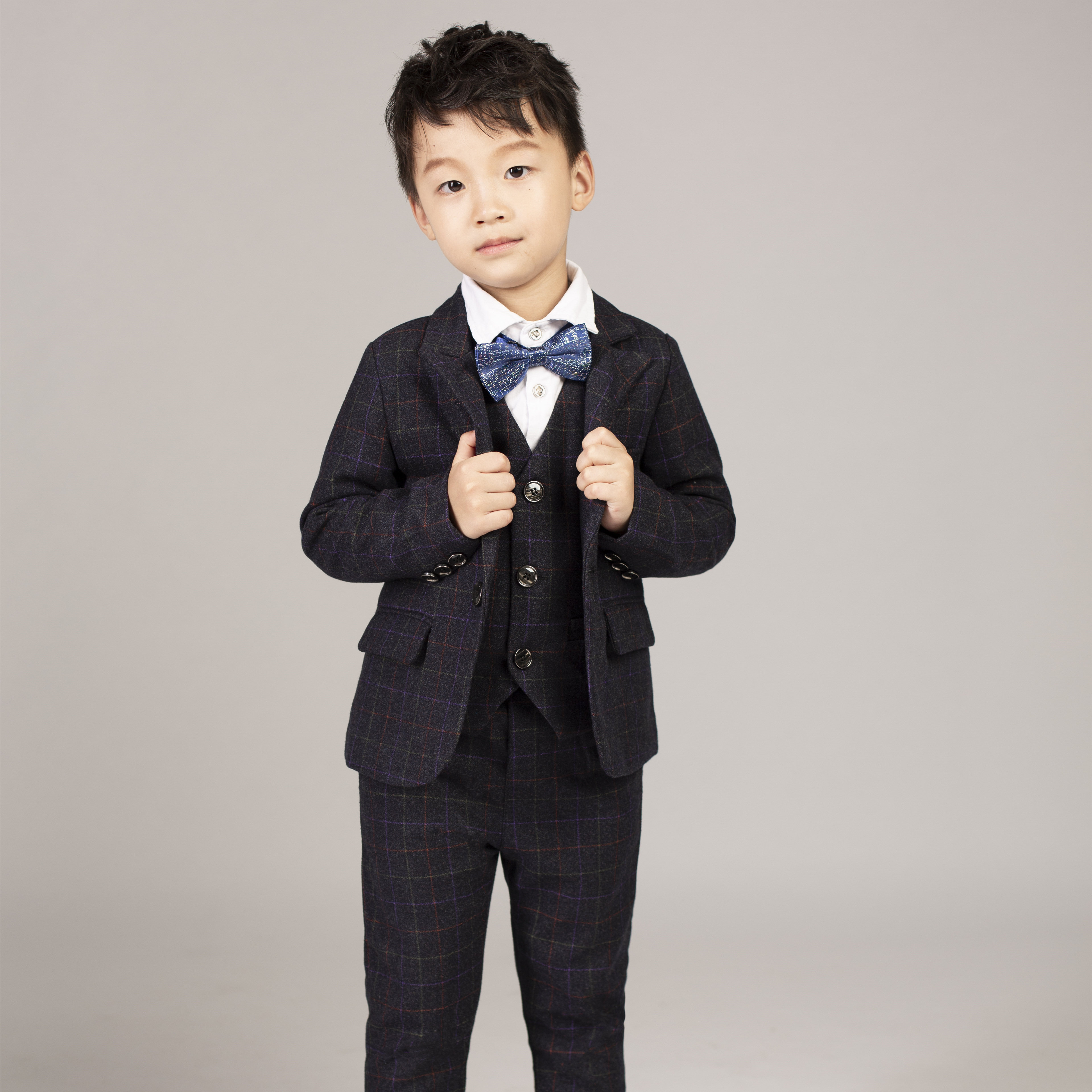 Boys small suit suit three-piece flower girl dress British style autumn and winter children's handsome performance suit plus thick velvet