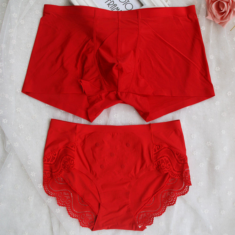 New ice silk seamless couple underwear red hot ultra-thin men's boxer women's triangle large size double sexy