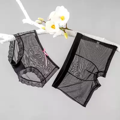 Full transparent lace mesh couple underwear sexy temptation lingerie set men's flat corner Women's triangle big size