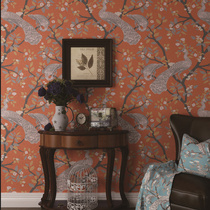 Southeast Asian style personality freehand peacock flower and bird wallpaper AB with orange living room theme hotel wallpaper