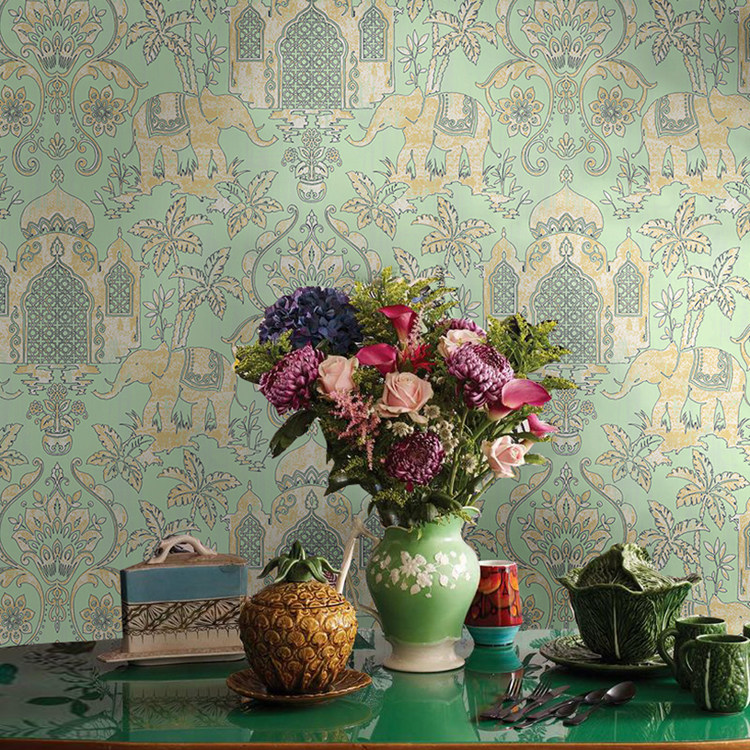 Southeast Asian Style AB Wall Paper Red Elephant Pattern Exotic Indian National Wind Wallpaper Photo Gallery Paper Background