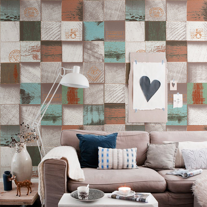 Three-dimensional color geometric square wood lattice wallpaper Nordic minimalist study sofa wallpaper home hall background wall
