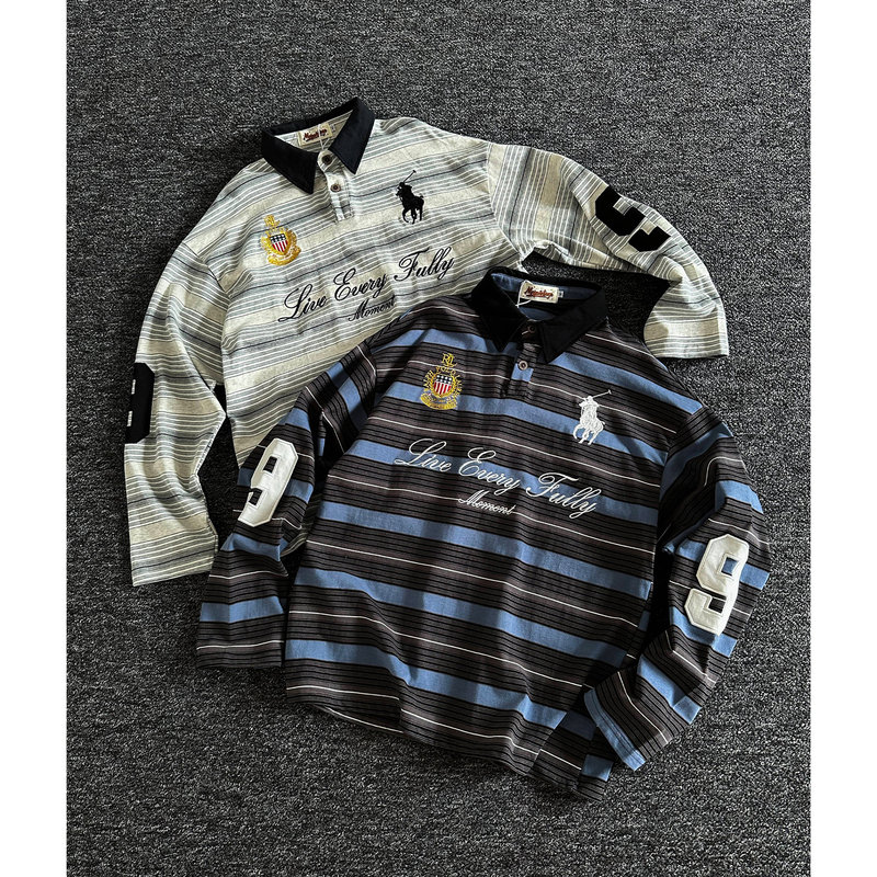 「Rise Brand」American-Style Color-Block Striped Polo Shirt for Men, College Style Embroidered Short-Sleeve Trendy Top
