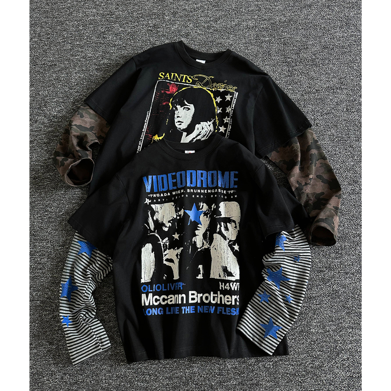Rise Brand Street Style Light Patchwork Fake Two-Piece Long-Sleeve T-Shirt for Men and Women, Loose Rock Band Trendy Brand Tee