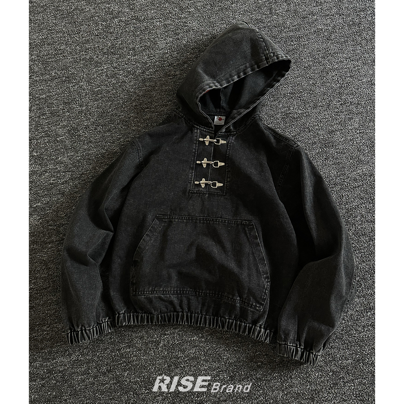 Rise Brand Heavy Washed Denim Hoodie Jacket for Men and Women with Lobster Clasp, Loose Softshell Coat for Spring