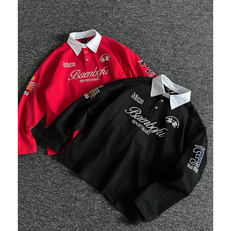 「Rise Brand」Embroidered Letter Lapel Polo Shirt Men's Long Sleeve T-Shirt Autumn Loose Couple Outfit Top
