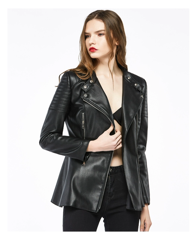 Hong Ru 2017 mùa xuân mới PU leather jacket da áo khoác nữ ve áo eo xù thời trang da nhỏ áo da nữ zara