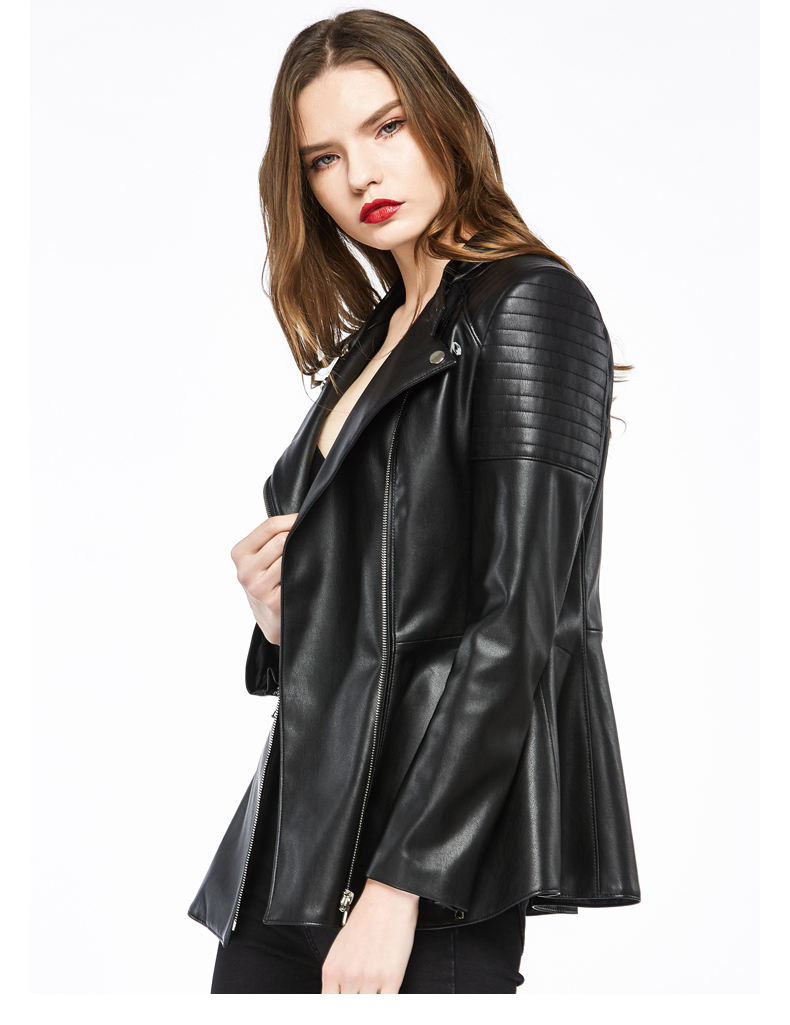 Hong Ru 2017 mùa xuân mới PU leather jacket da áo khoác nữ ve áo eo xù thời trang da nhỏ áo da xịn nhập khẩu