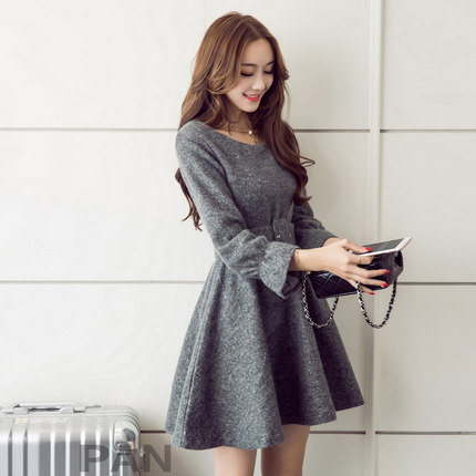 秋冬毛呢连衣裙女长袖2018新款韩版气质小香