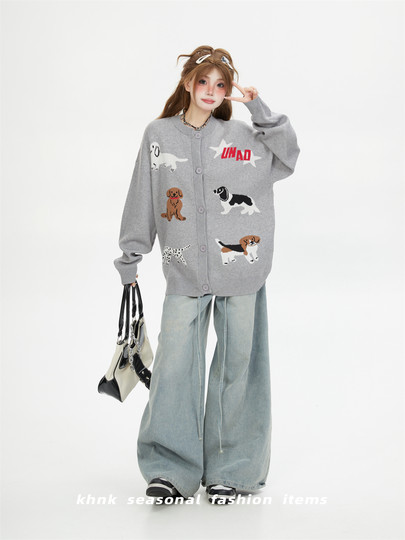 美式趣味小狗卡通灰色圆领毛衣外套女秋冬情侣宽松慵懒风针织开衫