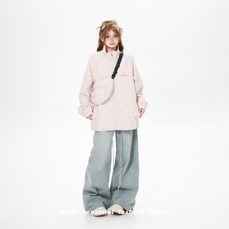 American-Style Pink Stand-Up Collar Jacket for Women, Spring and Autumn 2026 New Trendy Brand Flight Jacket with a Crossbody Bag Included
