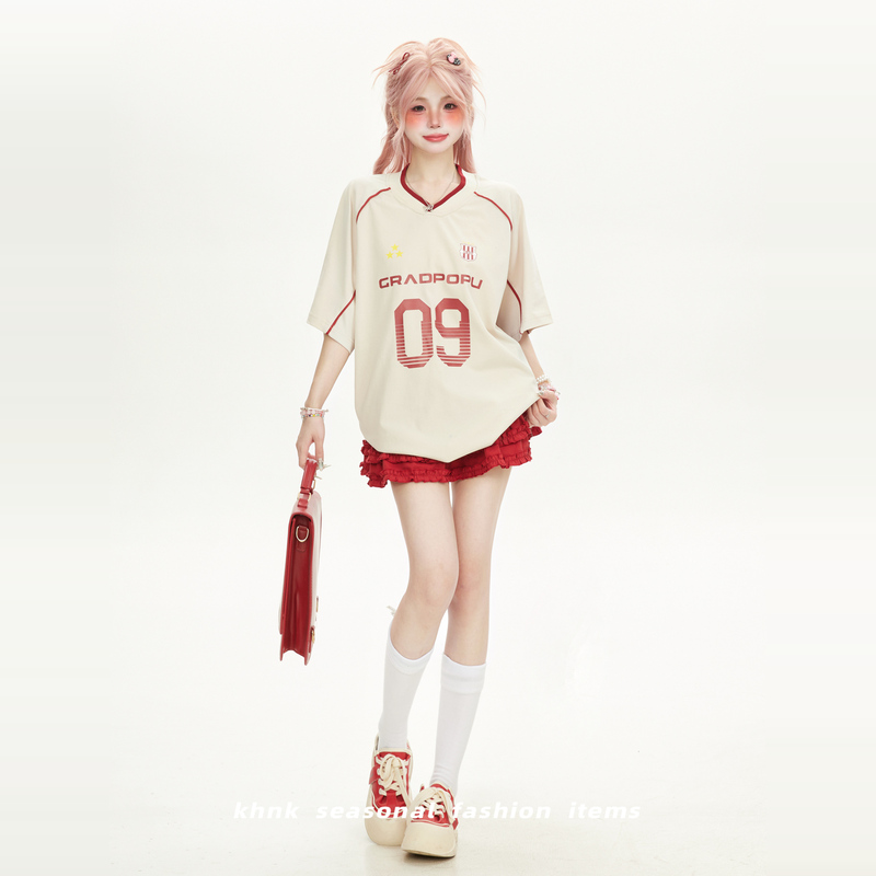 American-Style Oversized Baseball Uniform V-Neck Short-Sleeved T-Shirt for Women Summer 2026 New Loose-Fitting Couple Baseball Collar Top