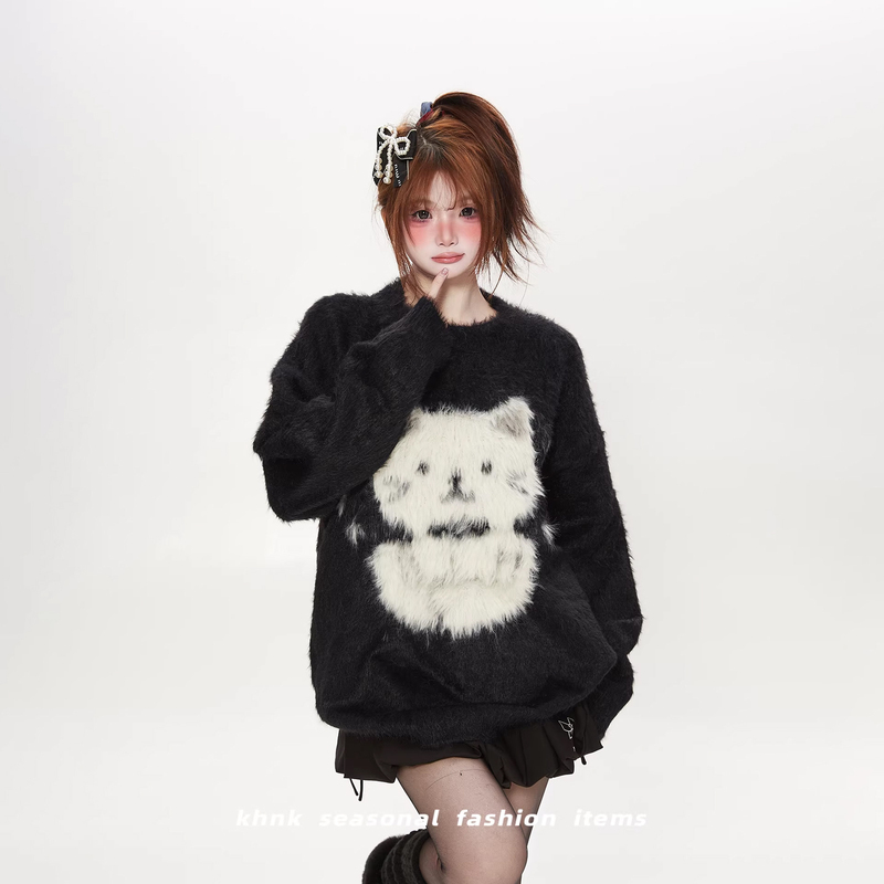 Soft and Cuddly Plush Cute Kitten Crochet Black Dopamine Sweater for Women, Autumn and Winter Warm Korean Style Knitwear