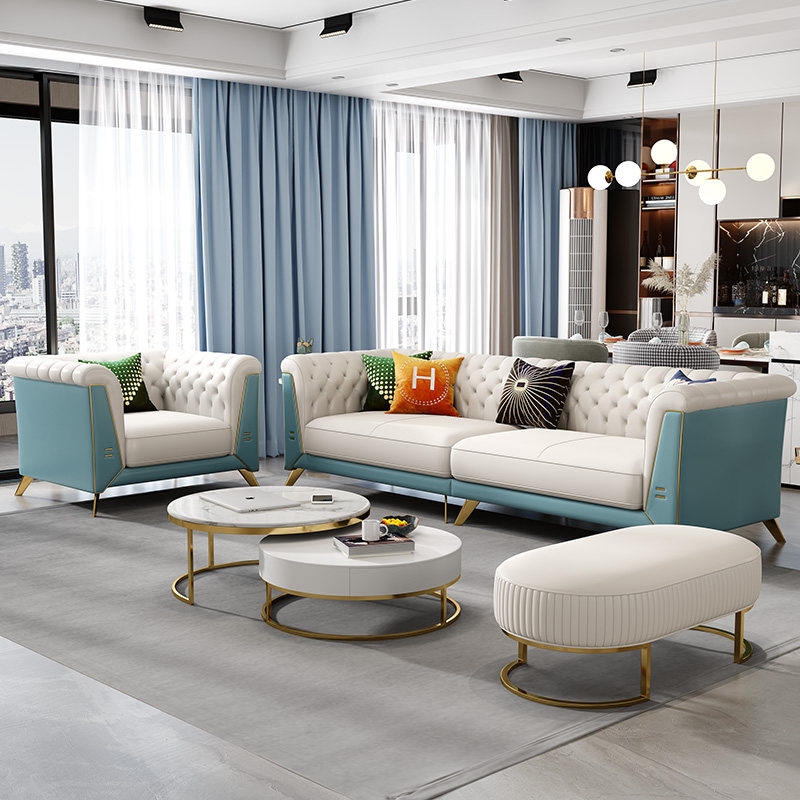 American Light Lavish Real Leather Sofa Living Room Composition Brief Postmodern Leather Art Sofa Small Household Type Net Red Furniture Combo-Taobao