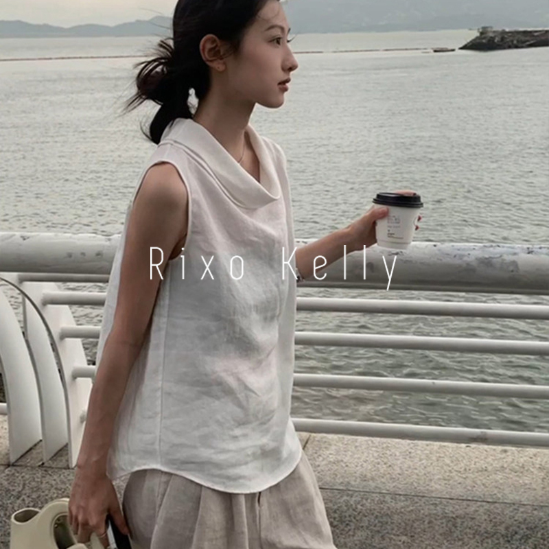 Rixo Kelly Cotton and Linen White Tank Top Shirt for Women, Summer Drape Collar Blouse, Backless Sleeveless French-Style Thin Top