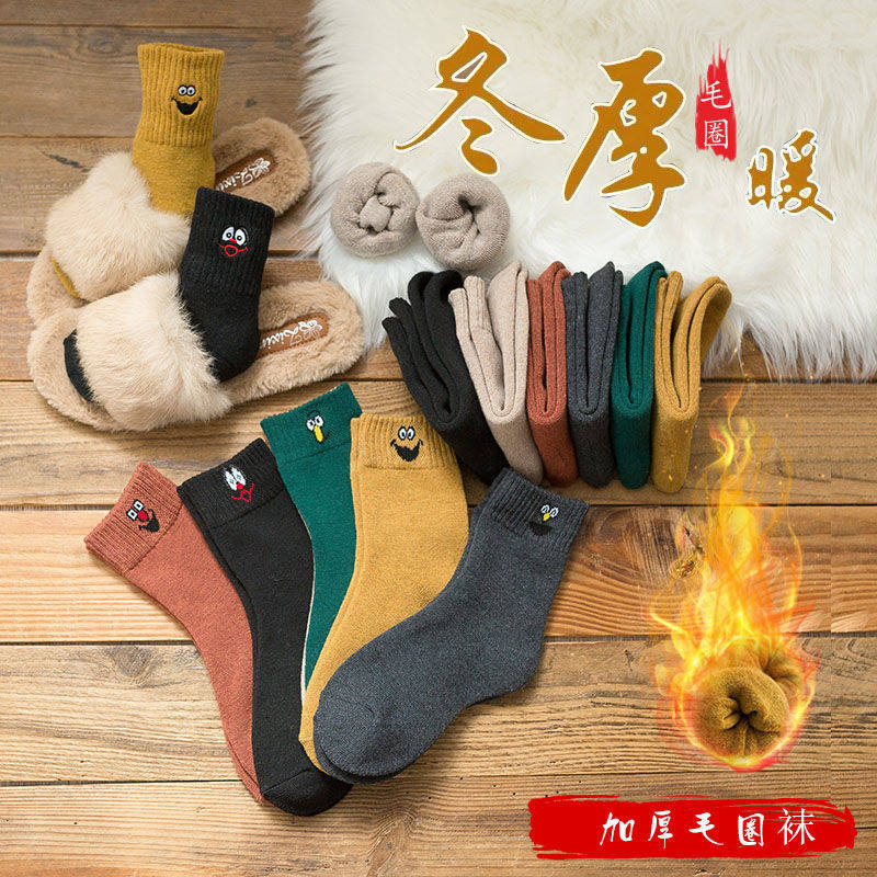 Socks women winter plus velvet padded warm socks women Korea mid-barrel imitation wool towel socks floor moon