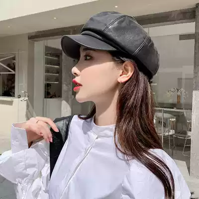 Autumn and winter black gold ring leather Joker White Korean version of Japanese beret pu tide British retro octagonal hat children