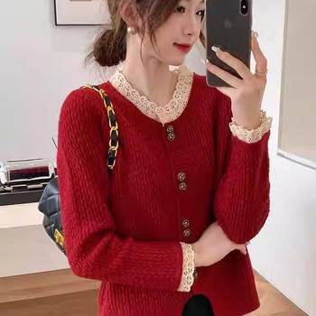 French Style Knitted Cardigan for Women 2024 Autumn and Winter New Design Lace Round Neck Sweater Jacket