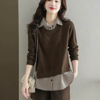 2024 Spring, Autumn and Winter New Style Shirt with Patchwork Fake Two-Piece Sweater for Women, Loose Fit, Elegant and Fashionable Knitted Top