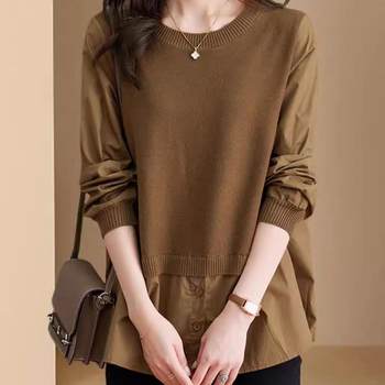 Long-Sleeved Shirt for Women 2024 Spring and Autumn New Style Mid-Length Sweatshirt That Covers the Buttocks, Fake Two-Piece Knitted Top, Fashionable and Stylish