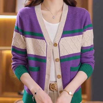 2025 Autumn/Winter New Casual Knitted Cardigan for Women, Korean Style Fashion Color Block Loose Striped Base Sweater Jacket