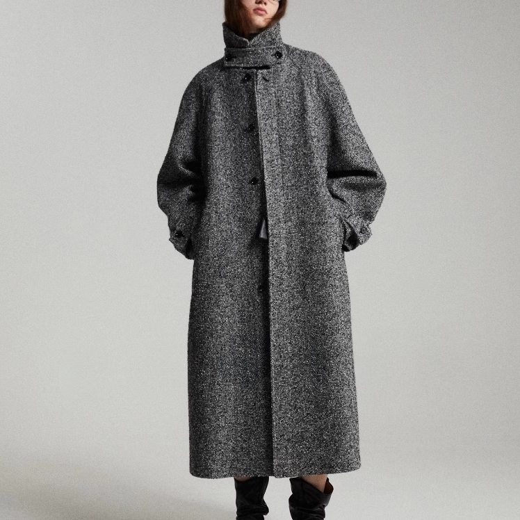 Black and White Herringbone Wool Herringbone-Pattern Silhouette High-End Designer Woolen Long Coat