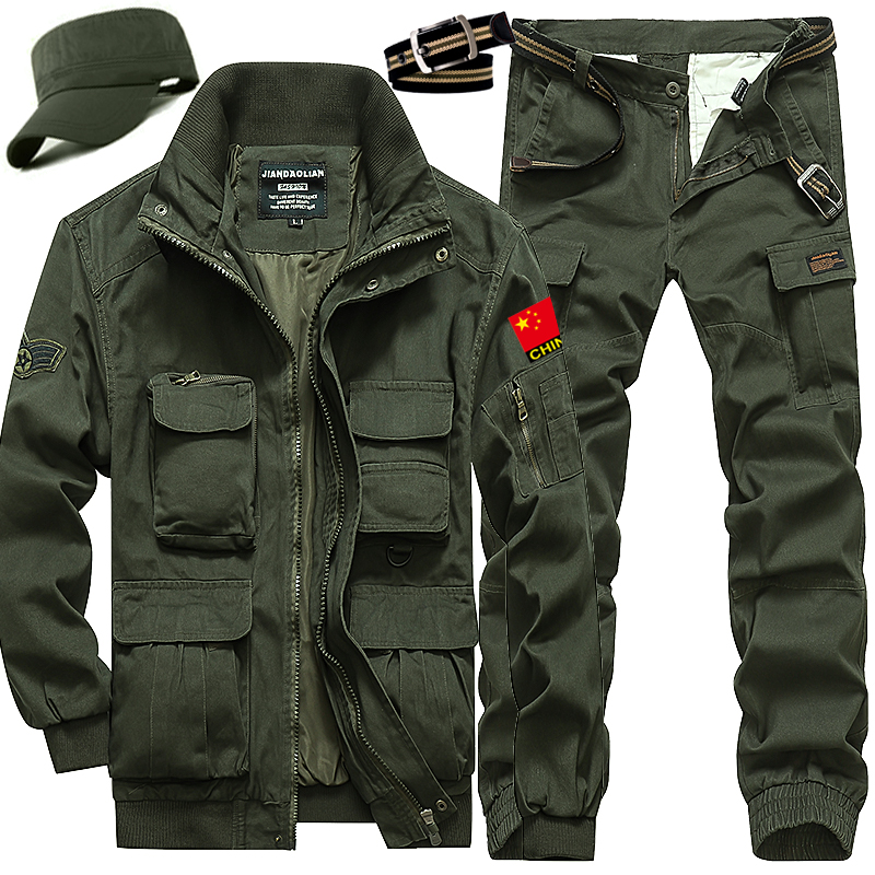 Pure cotton army clothes camouflail suit a suit of men's military uniform multiple pockets for work clothes army green jacket regular