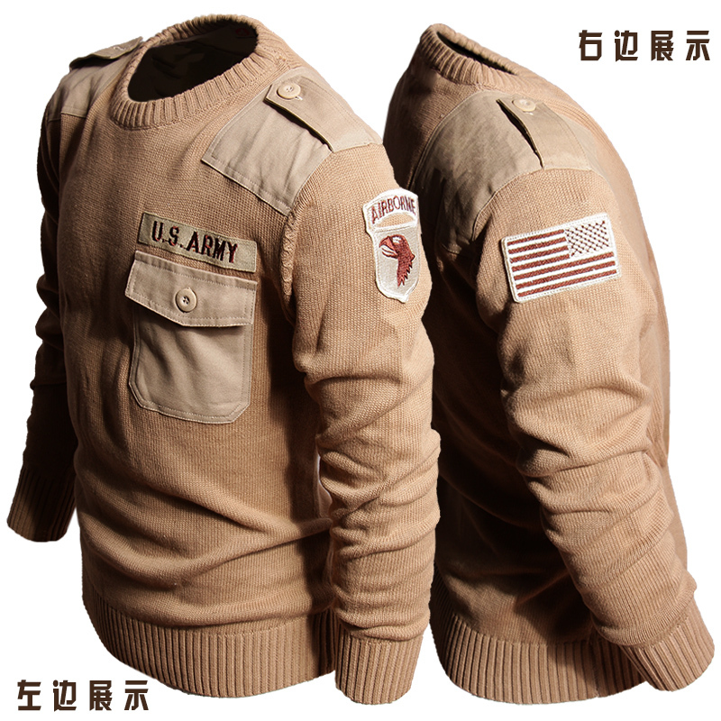 Special Forces American Soldier Retro Vertical Stripe Patchwork Sweater Round Neck Slim Fit Tactical Knitwear Men's Autumn Combat Style