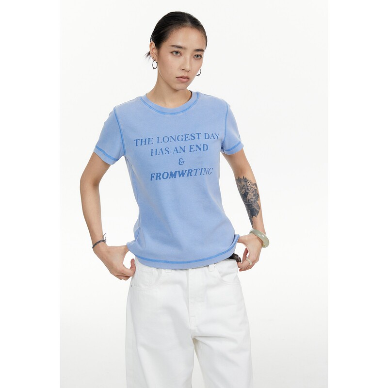Fromwrting Korean-Style Gradient Watermark Color-Blocking Stitching Elastic Sports Regular Shoulder Slim-Fit Short T-Shirt for Women Summer Fromwrting Korean-Style Gradient Watermark Color-Blocking Stitching Elastic Sports Regular Shoulder Slim-Fit Short T-Shirt for Women Summer