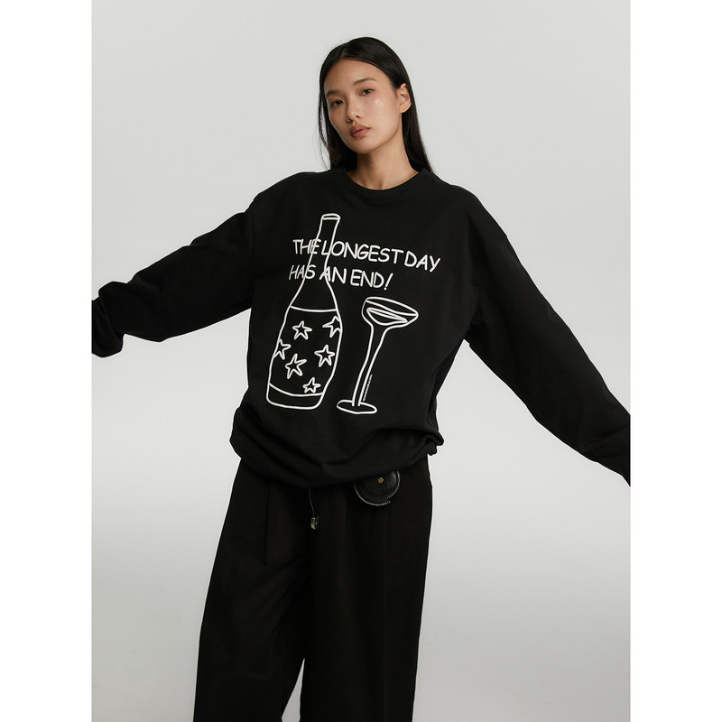 Fromwrting Says, "No Matter How Hard Times Get, There Is Always an End to Them" - Fun Hand-Drawn Wine Bottle Bamboo Joint Long-Sleeve T-Shirt