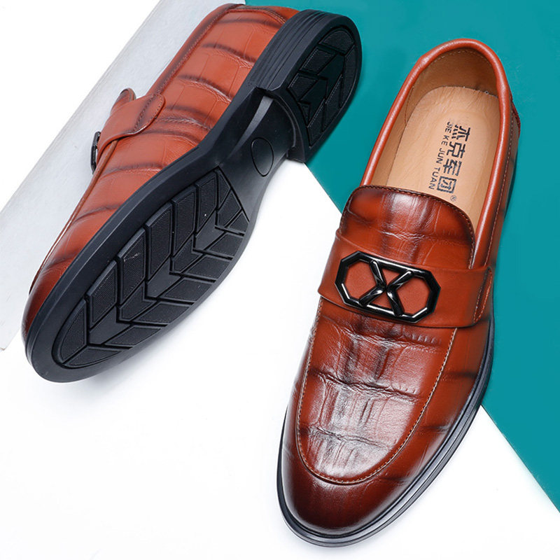 Brown leather shoes men's summer genuine leather business positive dress Inn wind crocodile tattooed foot sloth a foot pedal Lefoe shoes