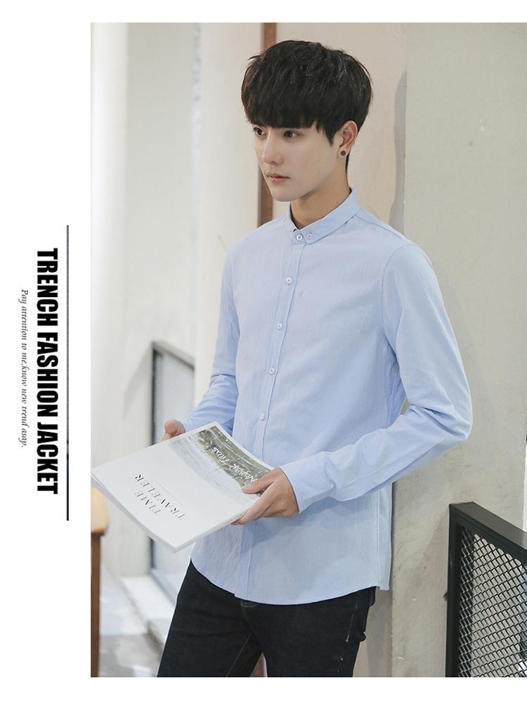 Áo sơ mi trắng chạm đáy quần dài nam thanh niên Hàn Quốc Sinh viên mỏng bên trong cổ áo cotton lanh áo sơ mi thủy triều áo sơ mi xanh dương