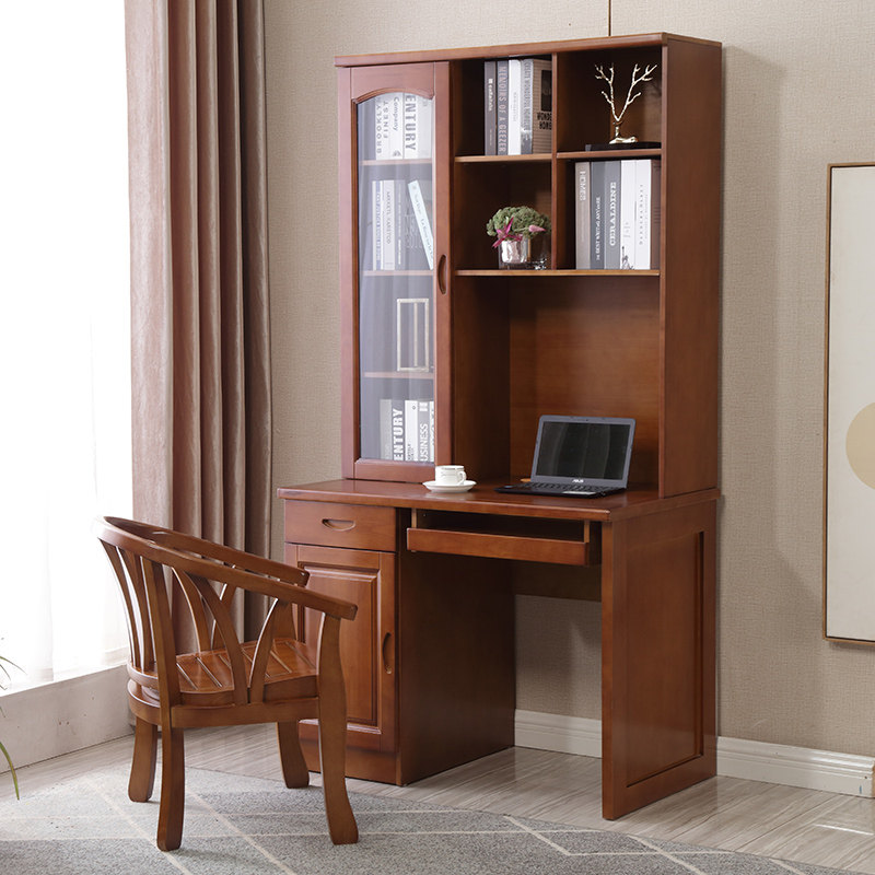 One meter of solid wood rubber wood computer desk cabinet in one book shelf multifunctional study desk desk study Chinese style