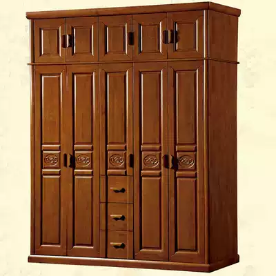 Solid wood rubber wood five-door large-capacity assembly storage wardrobe wardrobe with drawers can top the bedroom Chinese style atmosphere