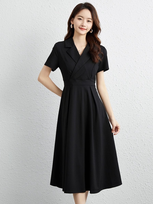 Classic Black Suit Collar Dress 2026 Summer New High-End Elegant Long-Sleeved Waist-Cinching Mid-Length Little Black Dress