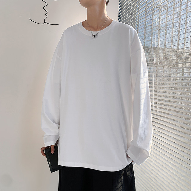 Fat brother long-sleeved cotton T-shirt boys spring and autumn loose solid color ins trend white fat big size bottoming shirt