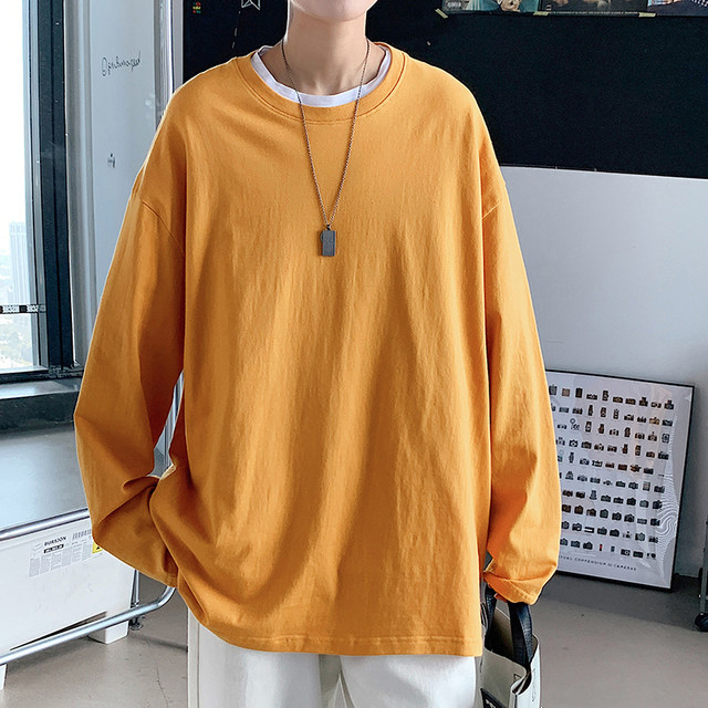 Fat brother long-sleeved cotton T-shirt boys spring and autumn loose solid color ins trend white fat big size bottoming shirt
