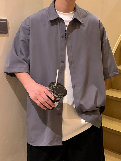 胖胖哥黑色短袖衬衫男款春夏季港风外穿半袖衬衣大码宽松休闲外套