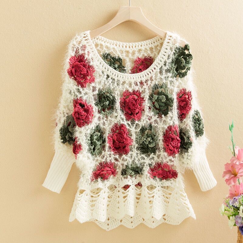 Hand-Knitted Mohair Sweater for Women in Autumn and Winter, Hollow-Out Batwing Sleeve Knitwear, Round Neck Ruffled Pullover Top