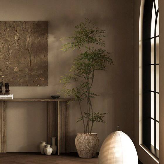 Artificial Green Plants, Light Luxury High-End Nandina Bamboo Fake Tree Potted Plants for Indoor Home and Shop Decor, Wabi-Sabi Floor-Standing Ornaments