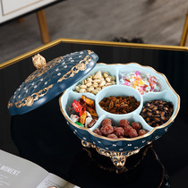 Diamond high-grade dried fruit plate large cover dust cover grid rotating candy box creative European light luxury fruit plate set