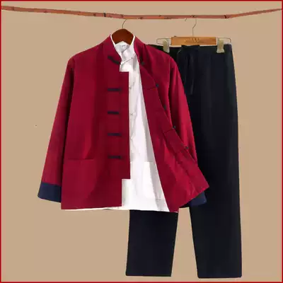 Tang suit suit men's spring and autumn pure cotton long-sleeved youth, middle-aged and elderly casual slit Hanfu retro tide tea suit Chinese style