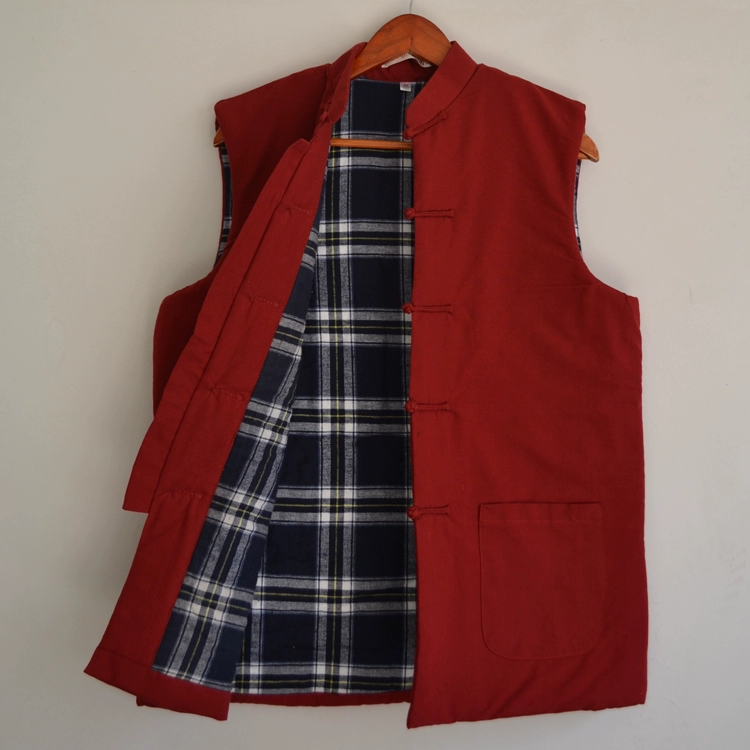 Áo khoác cotton nam, áo ấm bằng vải thô, áo vest trung niên màu xanh lá cây, có chần, bộ đồ Tang, dày, đồng phục dân tộc, mùa thu đông áo khoác không tay