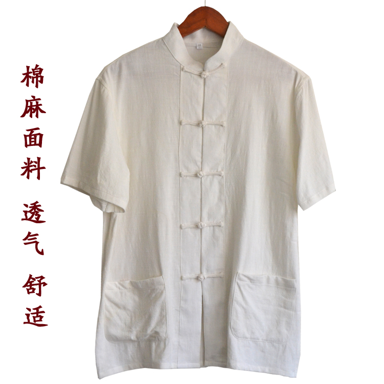 Cotton Linen Short Sleeve Shirt China Wind Male Style Donater Country School Shirt Mid-Aged Casual-inch Shirt in the summer