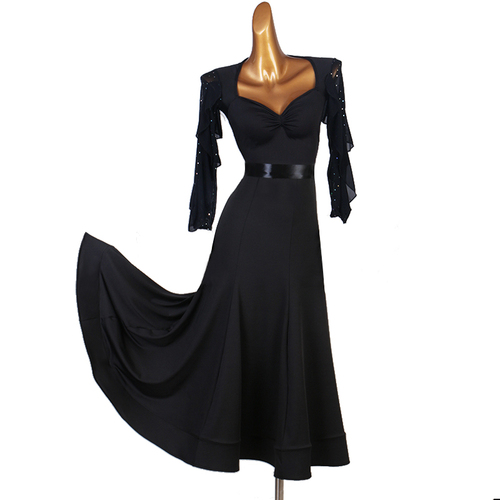 Black Ballroom dance dresses for women Girls Sexy pleated collar modern dance dress performance dress Ruffle sleeve social dance big swing skirt national standard dance skirt long skirt