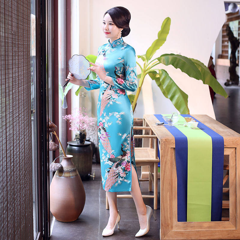 Qipao Long version of the ocean clothes autumn and winter pseudo-bridesmaids Anti-strings cd big size walking show photo Daily mid-long sleeve qipao