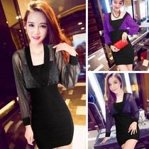 2017ol temperament puppet reverse professional womens fake two-piece suit nightclub Sexy Slim cd hip dress